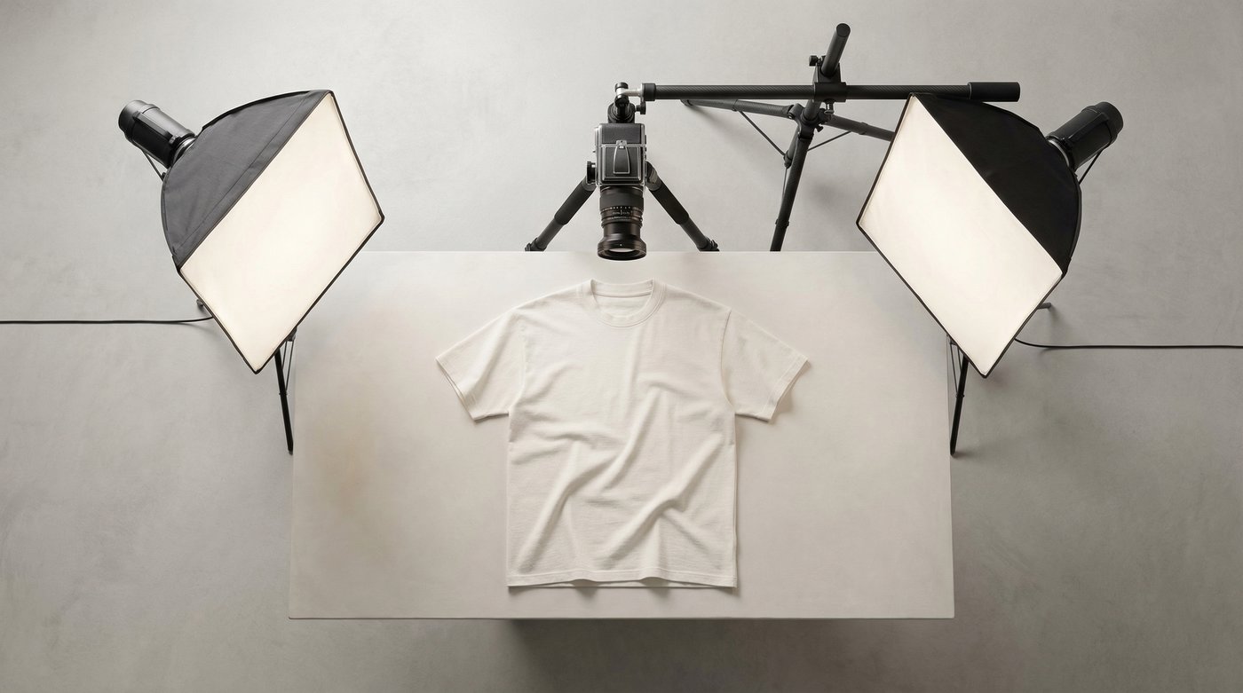 Diagram showing a simple, effective two-light setup for capturing flat lay apparel photography at home.