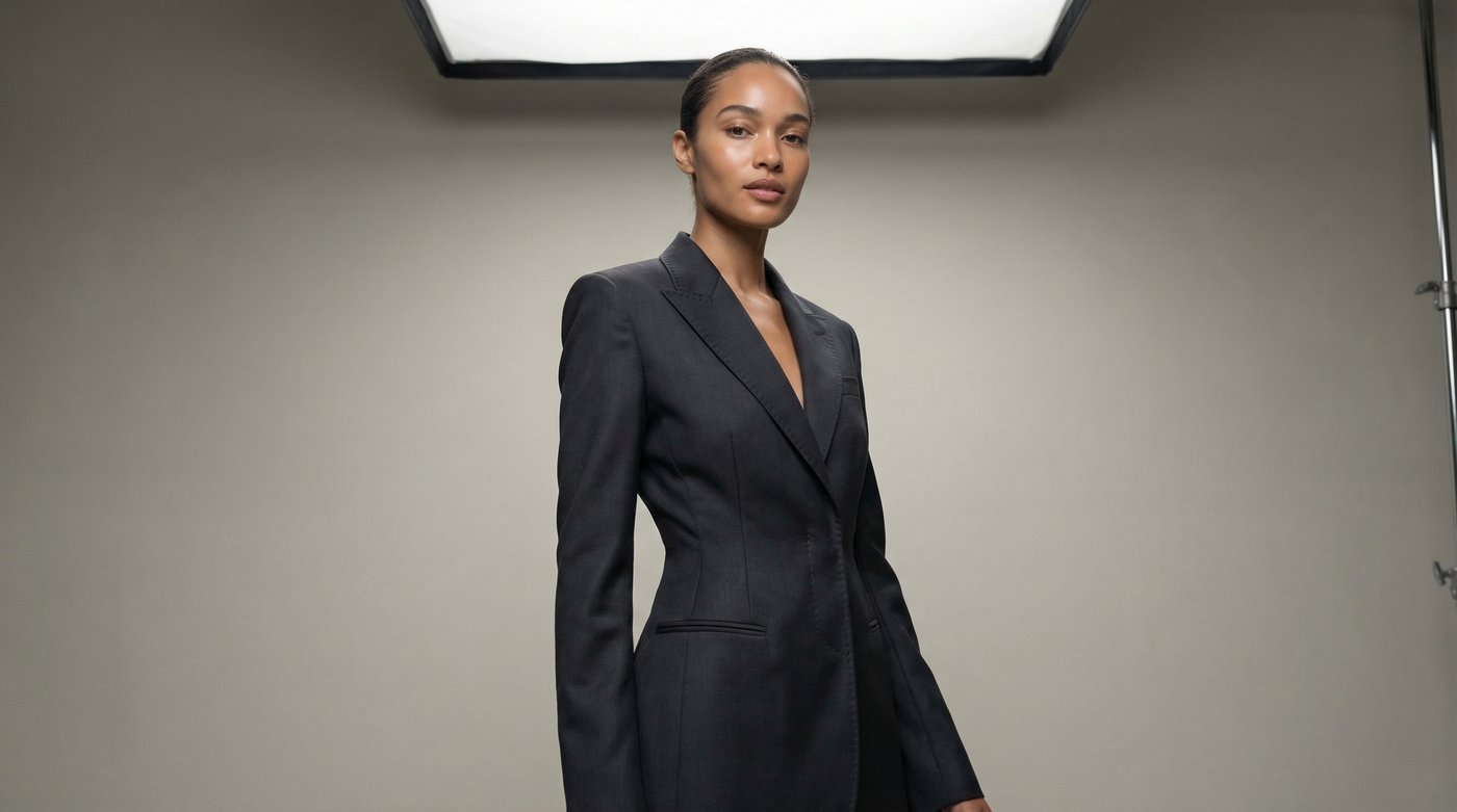 An AI ghost mannequin jacket seamlessly applied to a photorealistic AI fashion model using the AI Clothing Try-On feature.