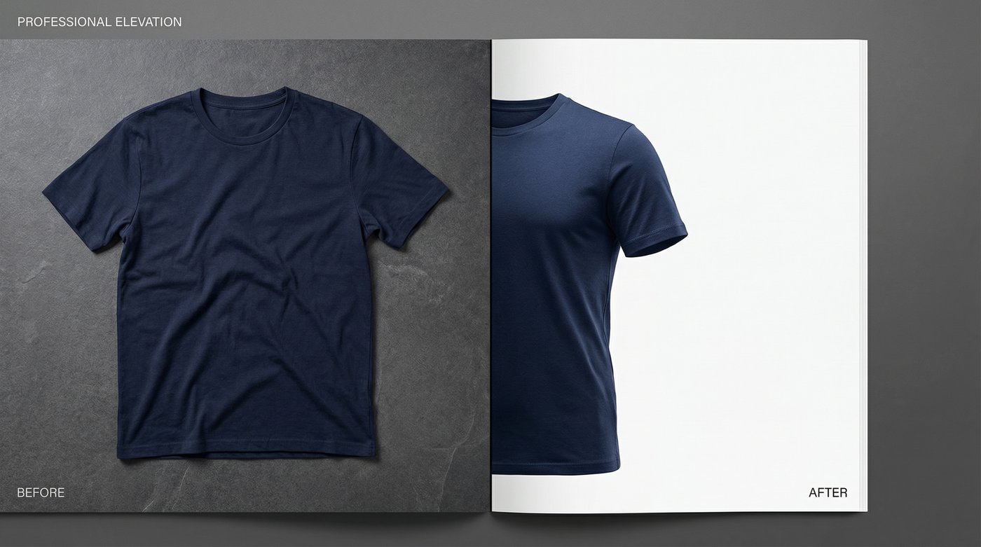 A split-screen showing a basic flat lay t-shirt on the left, and the stunning 3D AI ghost mannequin output on the right.
