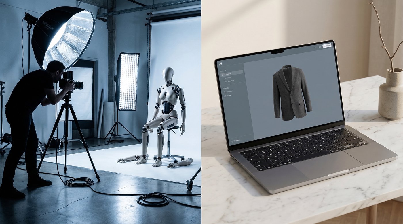Traditional photography studio setup vs AI interface