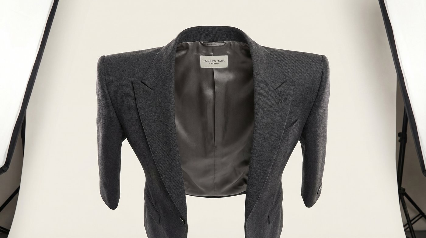 Structured garments like blazers require volumetric presentation to show their architectural design.