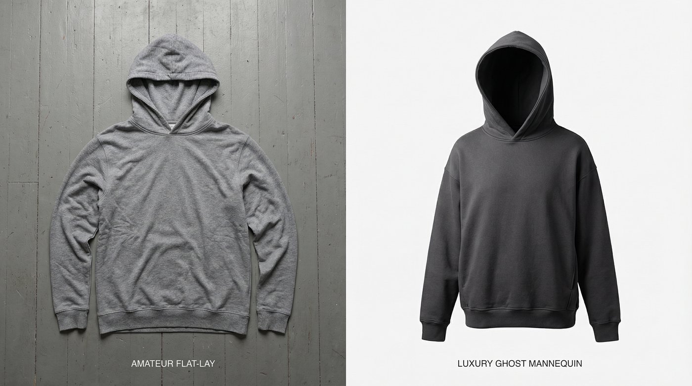 Before and after comparison of a flat lay versus ghost mannequin