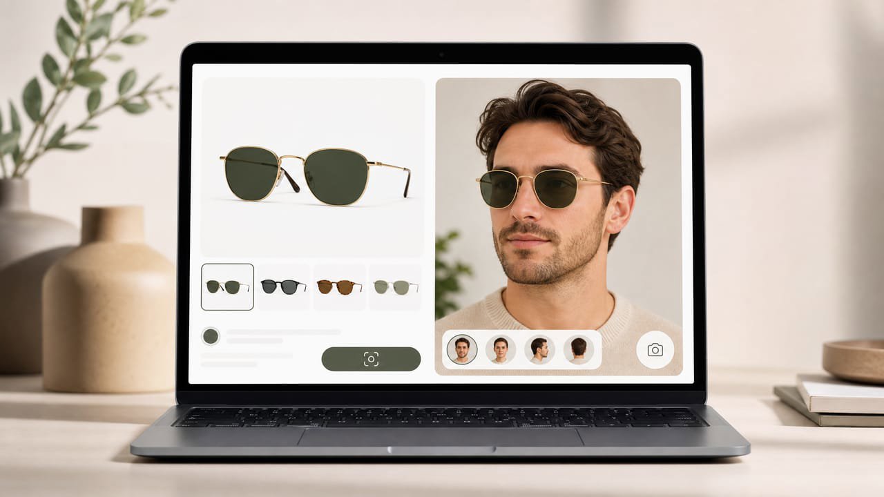 A jewelry store product page showing a web-based AI try-on result for a necklace