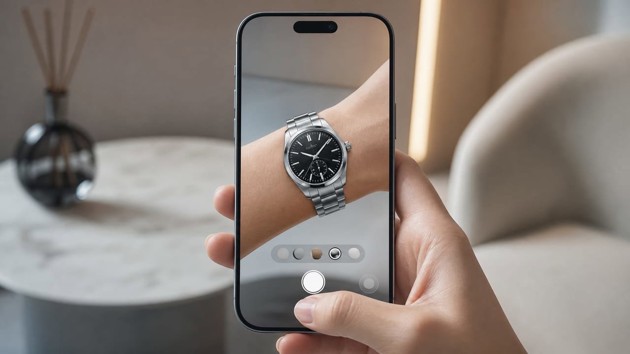 Una muñeca previsualizando un reloj de lujo a través de la pantalla de realidad aumentada web de un teléfono