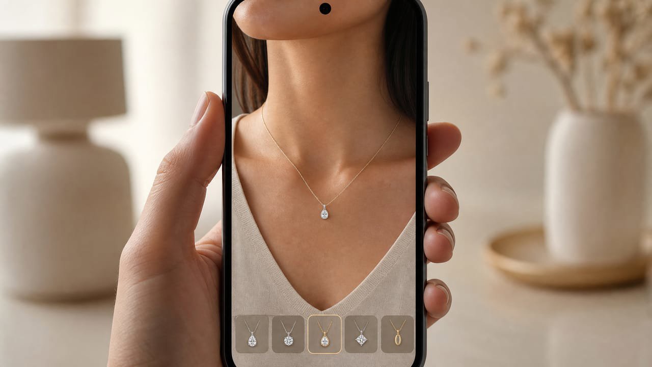 A shopper's face previewing earrings through an augmented-reality screen