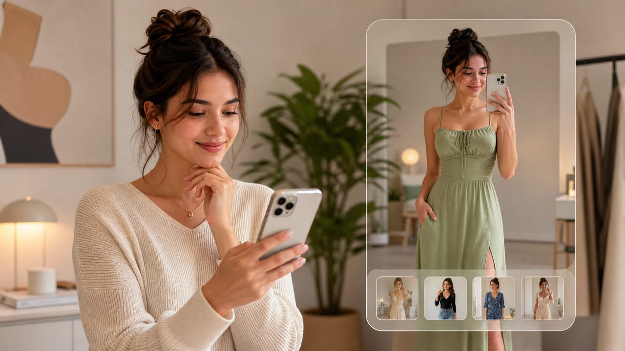 Uno schermo dell'assistente shopping IA di Macy's che mostra una visualizzazione di outfit per un acquirente