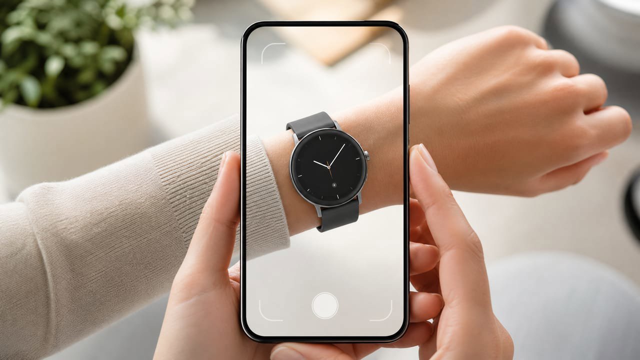A wrist previewing a luxury watch through a phone augmented-reality interface