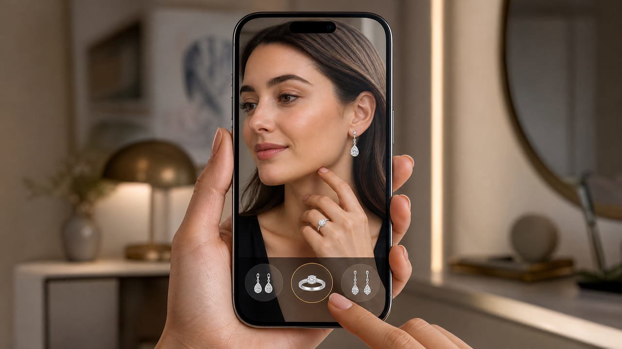Una mano previsualizando un anillo de compromiso a través de una interfaz de prueba virtual